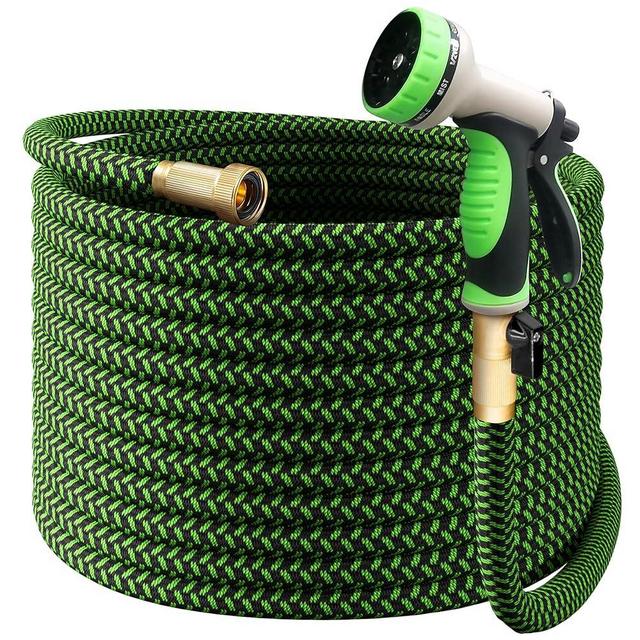 PowerFlow Garden Hose, NON-EXPANDABLE 50 Feet Premium Quality Stainless Steel Metal Water Hose with Durable Fabric Skin, Hose For Commercial, Residential Use, Bonus 10-way Spray Nozzle (50 Ft, Green)