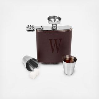 4-Piece Personalized Brown Leather Flask Set