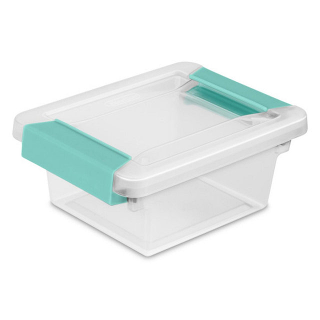 Sterilite Mini Clip Box, Stackable Small Storage Bin with Latching Lid, Plastic Container to Organize Office, Crafts, Clear Base and Lid, 6-Pack