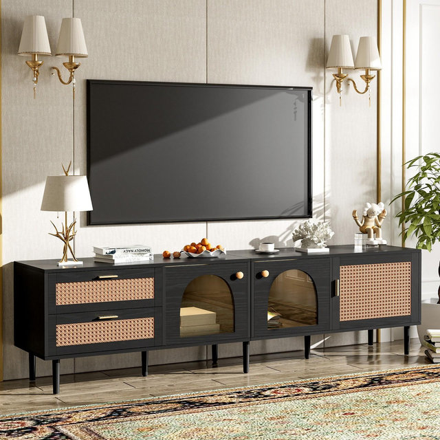 70.8"W TV Stand, Media Console Table with Rattan Decor, 3 Cabinets & 2 Drawers, LED Light Entertainment Center for TVs up to 80'', Black - ModernLuxe