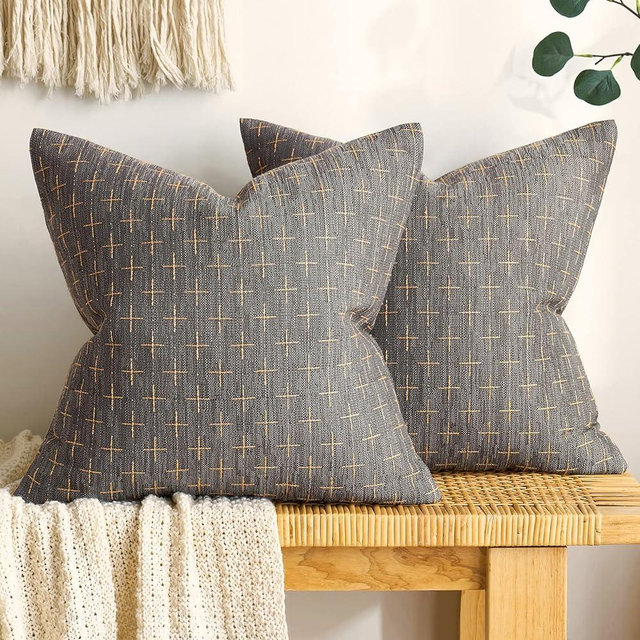MIULEE Pack of 2 Decorative Burlap Linen Throw Pillow Covers Modern Farmhouse Pillowcase Rustic Woven Textured Cushion Cover for Sofa Couch Bed 18x18 Inch Dark Grey