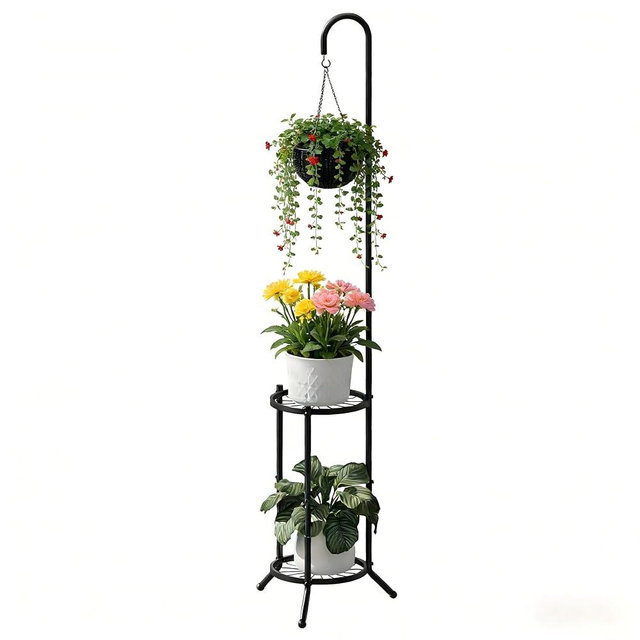 2-tier Hanging Plant Stand Plant Hanger Indoor Outdoor Corner Plant Stands for Indoor Plants, Space-Saving Iron Planter Shelves, Multiple Flower Pot Display Holder Shelf with Hanging Hook, Indoor Outdoor Heavy Duty Planter Shelving Unit (Hooked-style,Black)