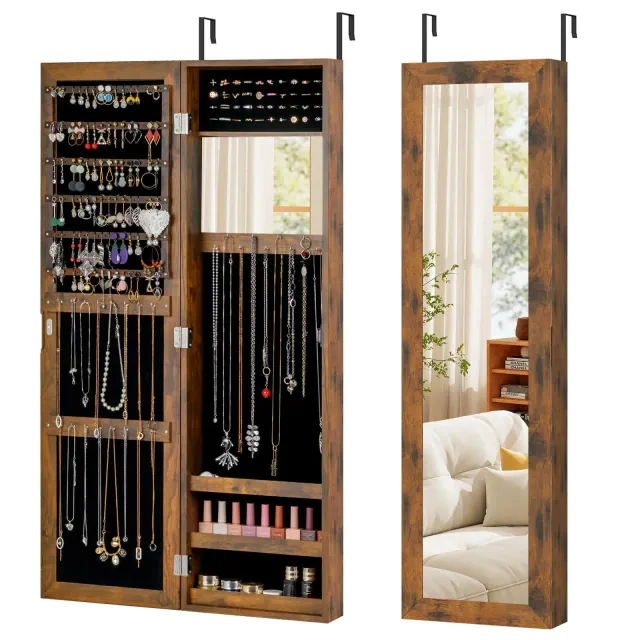 Costway Wall Mounted Jewelry Cabinet Door Hanging Jewelry Armoire with Full-Length Mirror Rustic Brown