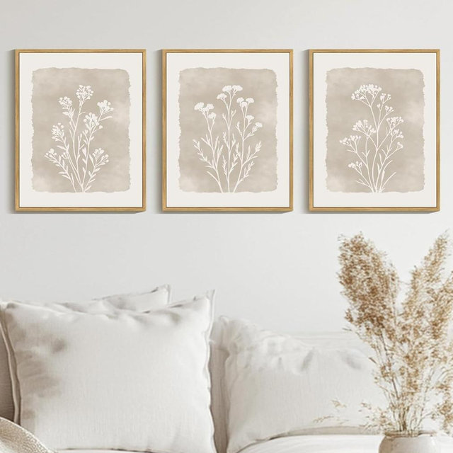 KUVIOKE Boho Botanical Flower Framed Wall Art Farmhouse Vintage Floral Wall Painting Rustic Wildflower Neutral Prints Artwork Home Decor 11x14in (Natural Framed)