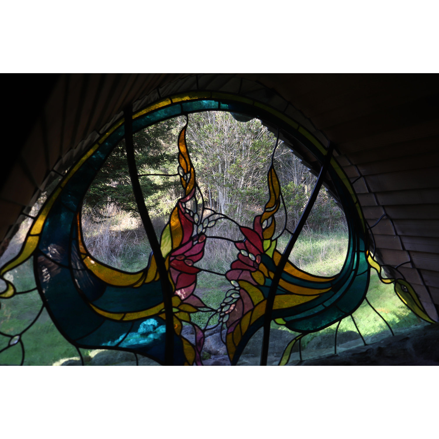 Some of the stained glass in Sea Ranch Chapel.