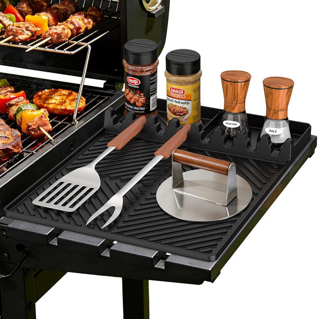 Griddle Mat Barbeque Grill Accessories Tools for Blackstone, Side Shelf Mat Grill Pad for Outdoor Grill Kitchen Counter Spatula Silicone Mat with Drip Pad for Kitchen, Cooking, Countertop (Black)
