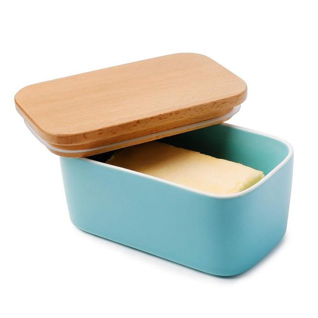 Sweese 303.102 Large Butter Dish - Airtight Butter Keeper Holds Up to 2 Sticks of Butter - Porcelain Container with Beech Wooden Lid, Turquoise