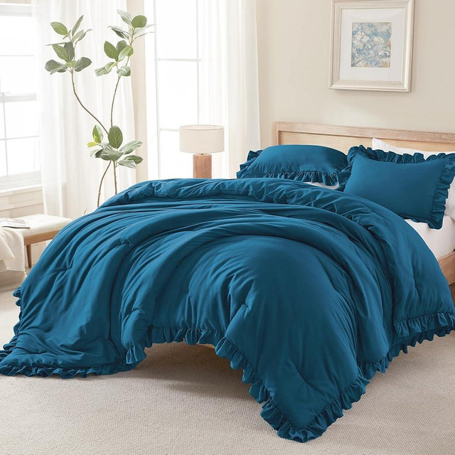 Andency Teal Ruffle Comforter Queen(90x90Inch), 3 Pieces(1 Ruffled Comforter and 2 Pillowcases) Solid Farmhouse Shabby Chic Bed, Vintage Rustic Soft Polyester Bedding Set