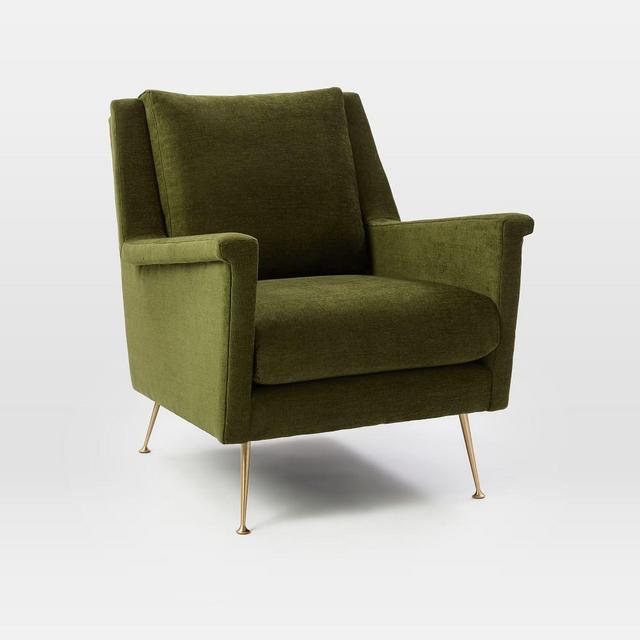 Carlo Midcentury Chair, Poly, Distressed Velvet, Tarragon, Brass