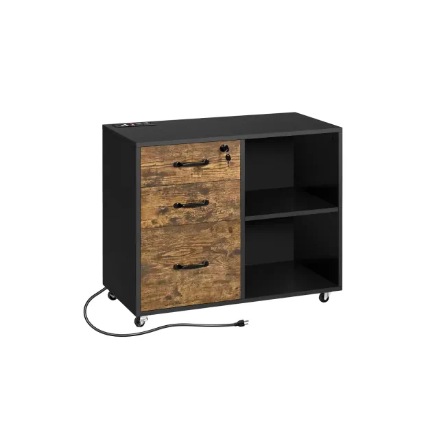 Yaheetech 3-Drawer Vintage File Cabinet with Socket and USB Charging Port Black/Rustic Brown