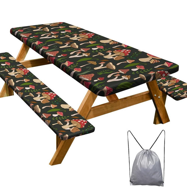 Picnic Table Cover with Bench Covers Camping Essentials Waterproof Windproof Camping Tablecloth with Drawstring Bag, Fitted Rectangle Tables and Seats, 96in, Black Red