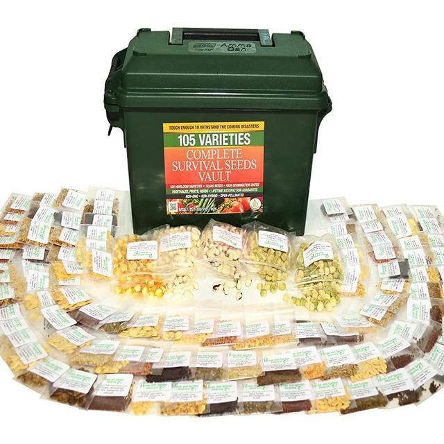 Heritage Survival Seed Vault 25 Year Storage Life. Fruit Herb and Vegetable Heirloom Seeds. 85% Germination Success for Doomsday Preparedness Peace of Mind. Emergency Supplies in a .30 Cal Ammo Box.