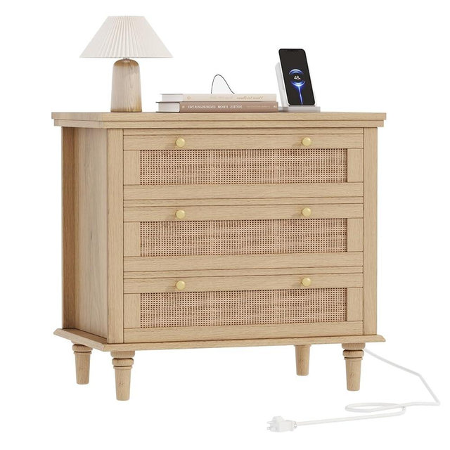 Irontar Rattan Nightstand with Charging Station, 27.6" Wide Bedside Table with 3 Large Drawers, Wooden End Table with Solid Wood Legs for Bedroom, Dorm, Natural BZZ011ME