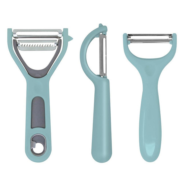 Vegetable Peeler 3-Piece Set – Swivel Cutter, Y-Shaped Slicer, and Julienne Peeler with Bottle Opener and Built-in Eye Remover – Stainless Steel Blade with Comfortable Handle for Kitchen – Pastel Blue