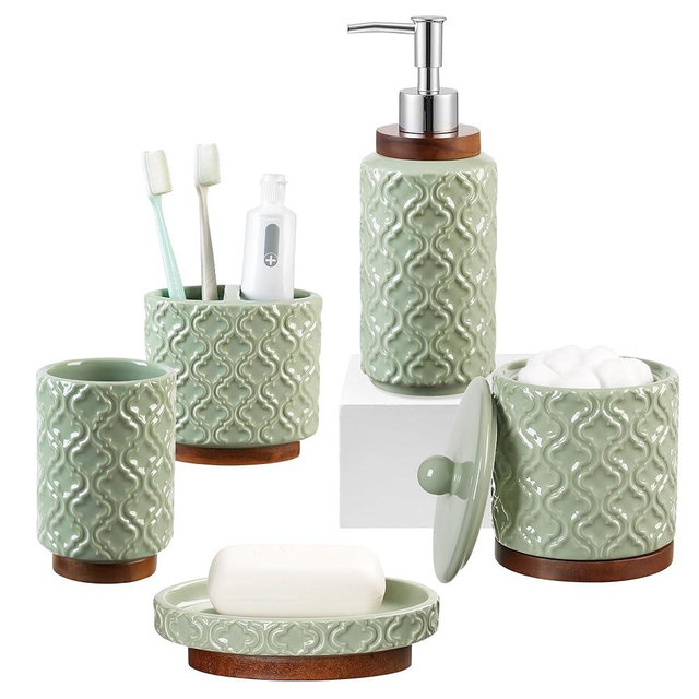 RQYIXI Bathroom Accessories Set 5 Pieces Toothbrush Holder Soap Dispenser Ceramic Bathroom Accessory Set Contain Cotton Swab Jar Toothbrush Cup Soap Dish Tumbler Green