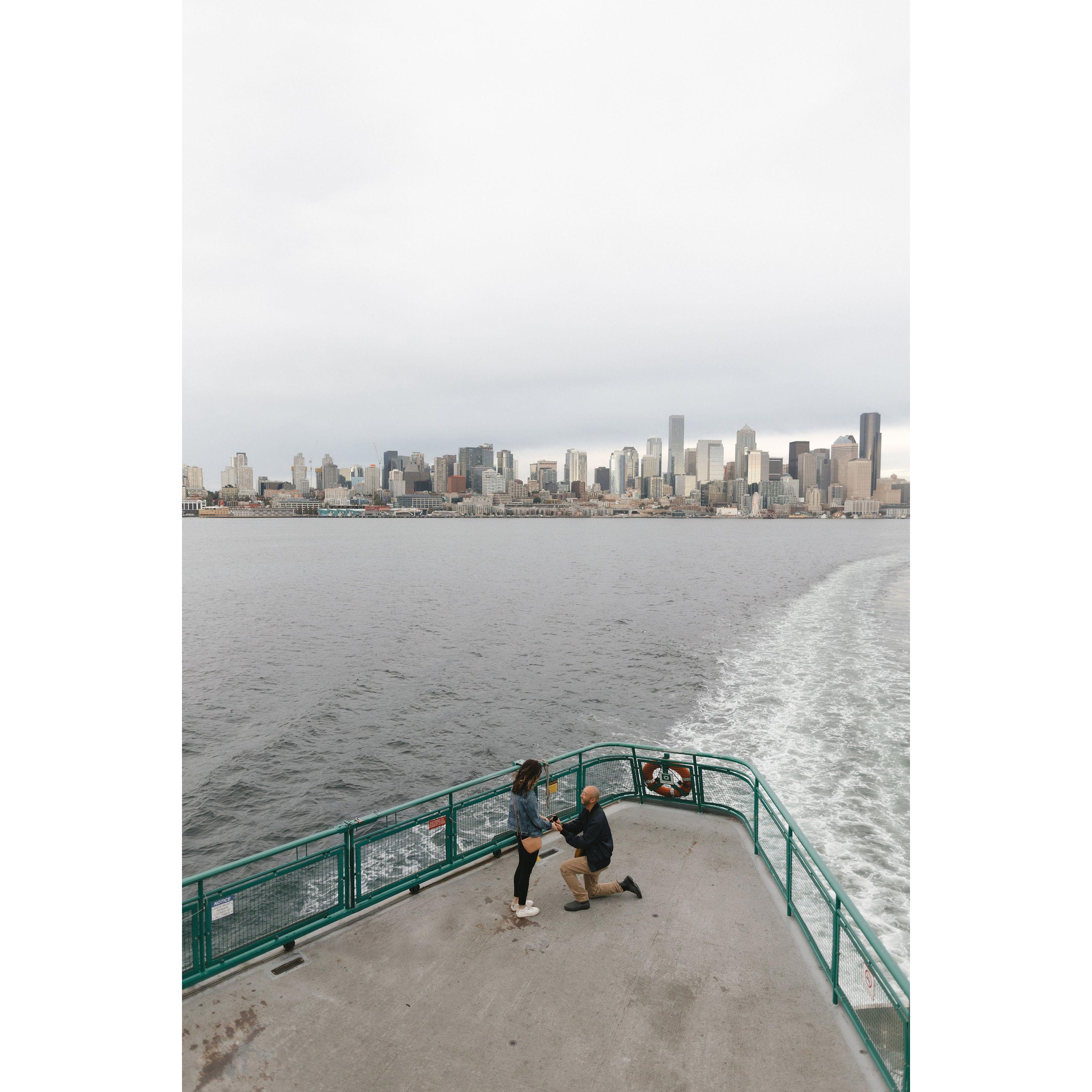 Blaine surprised Sarah by proposing on the Bainbridge Island Ferry in Seattle.