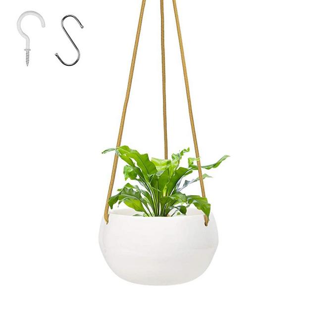 FairyLavie 8'' Ceramic Hanging Planter, Hanging Pots with Hooks Polyester Rope for Indoors Outdoors Plants, Hanging Plant Holder for Home Decor and Ideal Gift for Family Friends
