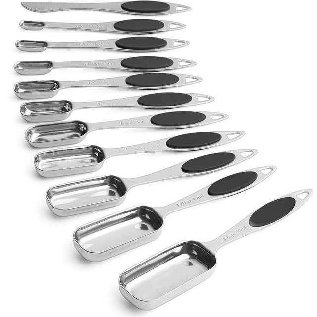 Magnetic Measuring Spoons Set of 11 with Leveler, Measuring Spoons Stainless Steel Rectangular Metal Teaspoon for Dry & Liquid Ingredients (Black)