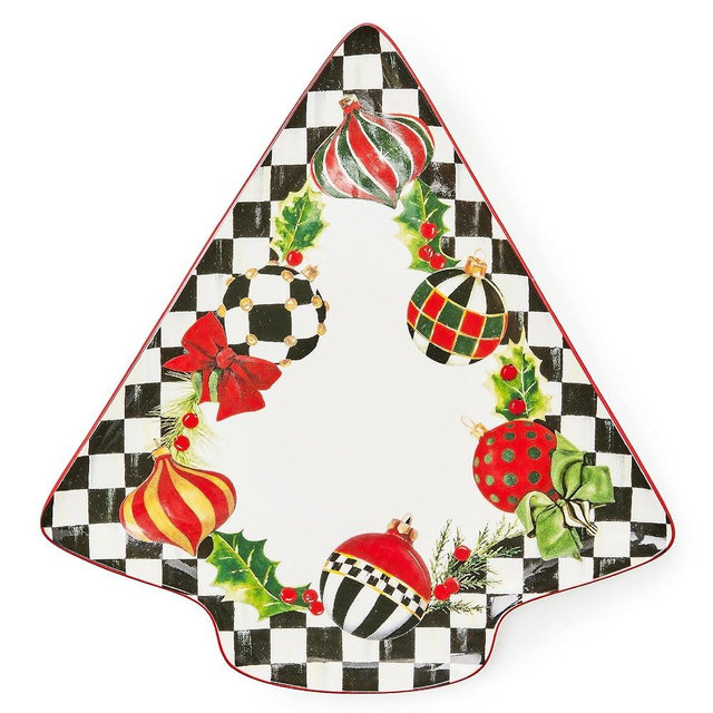 MACKENZIE-CHILDS Deck the Halls Serving Platter, Holiday Tree-Shaped Platter, Decorative Serving Platter