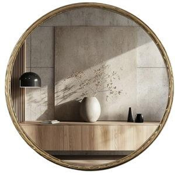 24 Inch Round Wall Mirror with Antique Gold Wave Inspired Metal Frame, Decorative Bathroom Vanity Accent Mirror, Vintage Circular Gold Wall Piece for Bathroom, Entryway and Living Room