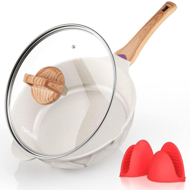 ITSMILLERS Non-stick 11 inch Die-cast Deep Frying Pan with Lid/Lotus Design Saute Pan Skillet - Induction Compatible PFOA Free, Dishwasher Safe (Cream White)