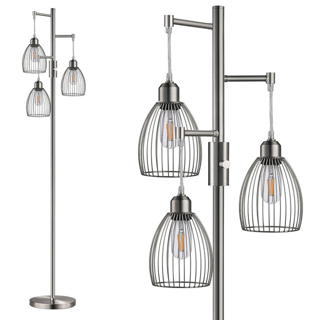 Dimmable Floor Lamp, Industrial Floor Lamps for Living Room, Brushed Nickel Tree Lamp Standing Lamp Tall Lamps with 3 Elegant Teardrop Cage Head & 800 Lumens LED Bulbs for Living Room Bedroom Office