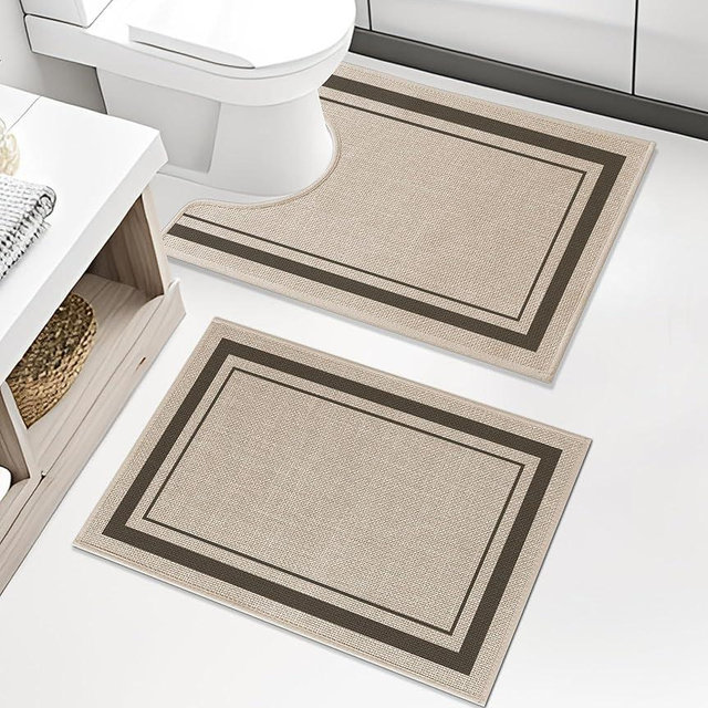 chakme Bathroom Rug Sets 2 Piece, Ultra Thin Bath Mat Quick Dry Bath Mat Set, Absorbent Bath Mat for Bathroom Non Slip Machine Washable, (Light Beige, 17"*24"+Toilet Mat)