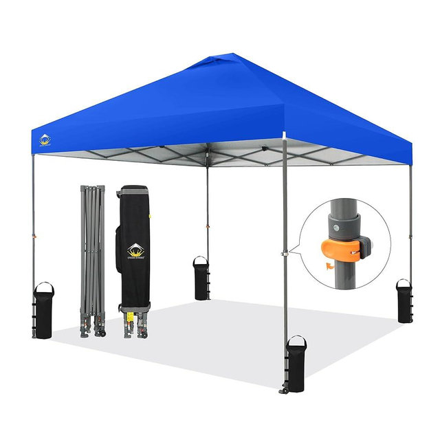 CROWN SHADES Adjustable Height on The Fly, 10x10 Pop Up Canopy - Beach Tent with One Push Setup - Easy Outdoor Sun Shade for Events, Parties, Camping - Outside Shade with STO-N-Go Bag, Blue