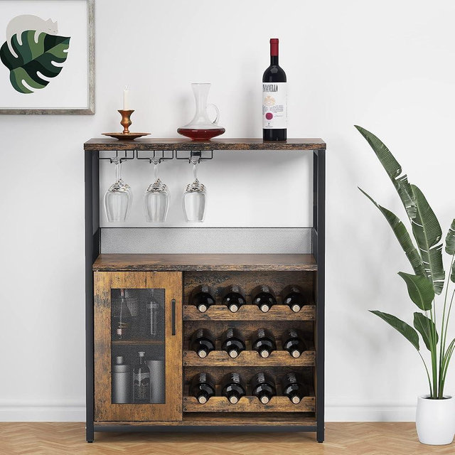 ElfinAura 3-Tier Wine Bar Cabinet with Detachable Wine Rack and Storage Space, Buffet Cabinet with Glass Holder and Mesh Door, for Kitchen, Living Room and Bar .Rustic Brown.