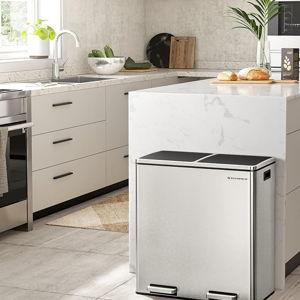 SONGMICS Trash Can, 2 x 8 Gallon (2 x 30 L) Garbage Can for Kitchen, with 15 Trash Bags, 2 Compartments, Plastic Inner Buckets and Hinged Lids, Airtight, Silver and Black ULTB60NL
