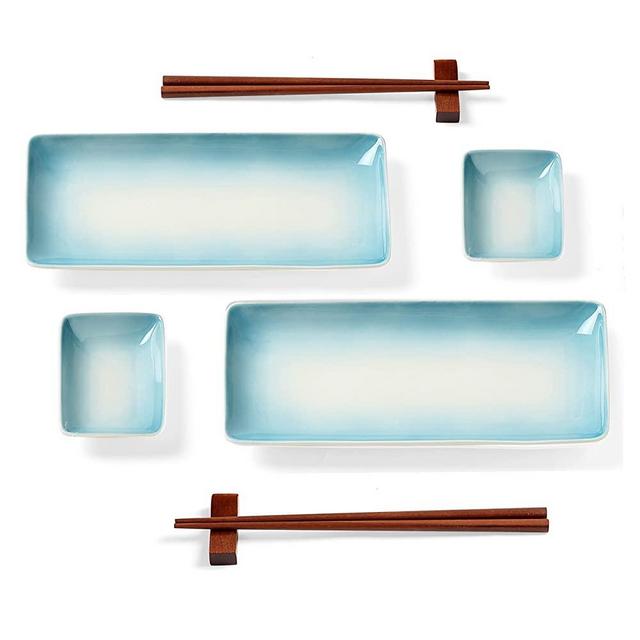 Sushi Plate Set with Soy Sauce Dish, Chopstick Pair and Chopsticks Holder. 8 Piece Japanese Style Ceramic Dinnerware