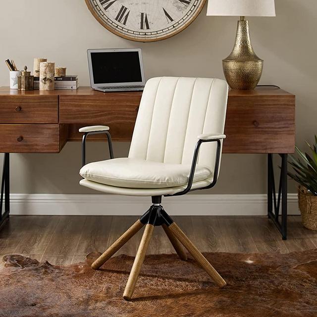 Art Leon Mid Century Modern Chair, Oak Legs Swivel Accent Chair No Wheels, Faux Leather Armchair for Small Spaces Home Office Living Room Bedroom, Off White