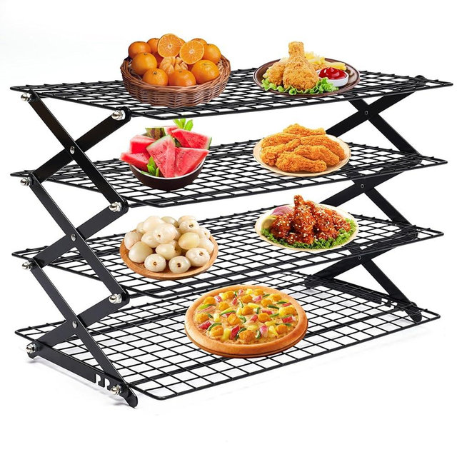 4-Tier Collapsible Cooling Rack, Adjustable Stackable Roasting Cooking Drying Wire, Barbecue Storage Display Shelf for Cookies Baking Picnic Party