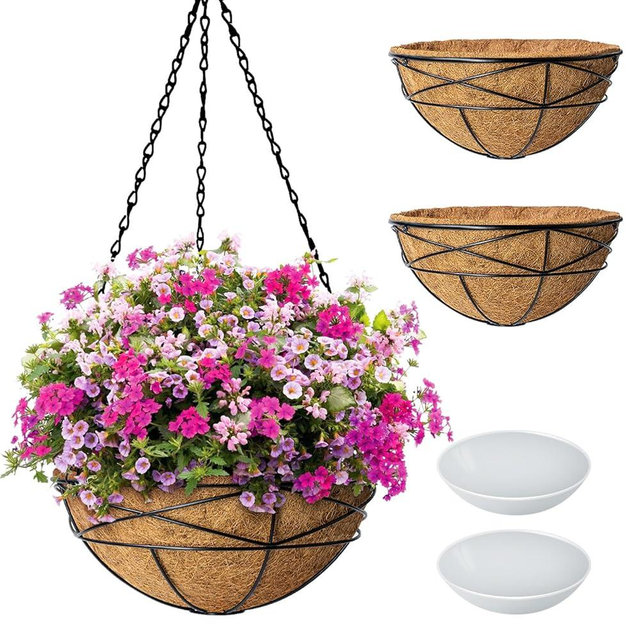 Karlliu 2 Pack 12 Inch Hanging Planters for Outdoor Plants Metal Watering Flower Baskets with Coco Liner for Hanging Pot Round Plant Holders Planter for Outside Garden Decor