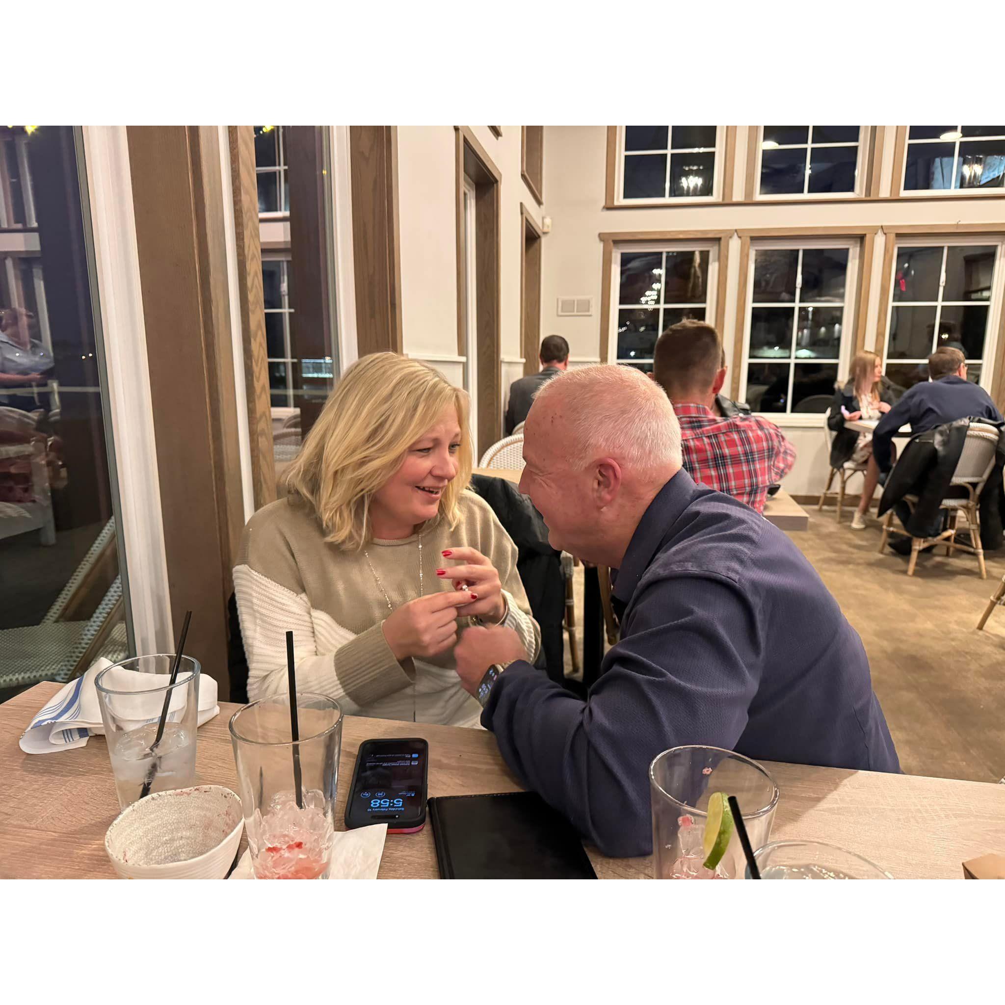 The proposal at dinner at Lindy's Landing, shared with our good friends Deana and Stan. (2/10/24)