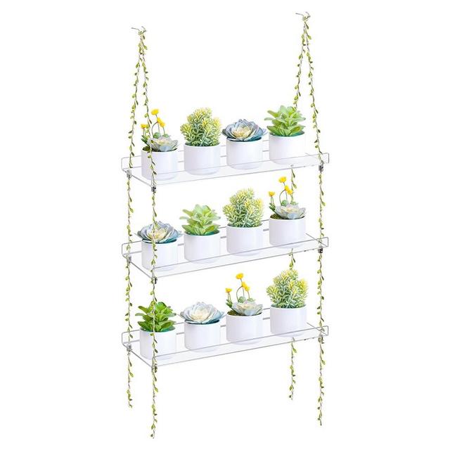 Sumerflos Acrylic Window Boxes Window Plant Shelves 3 Tier - Clear Hanging Shelf Indoor Jute Twine Adjustable Plant Holder for Window Wall Living Room Balcony Natural