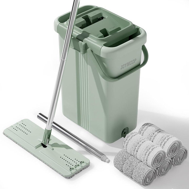 JOYMOOP Mop and Bucket with Wringer Set, Flat Squeeze Mop with Bucket (X-Large), Dust Mop for Wall Cleaner with Long Handle, Microfiber Mop - Green Bucket with 5 Reusable 15" Pads