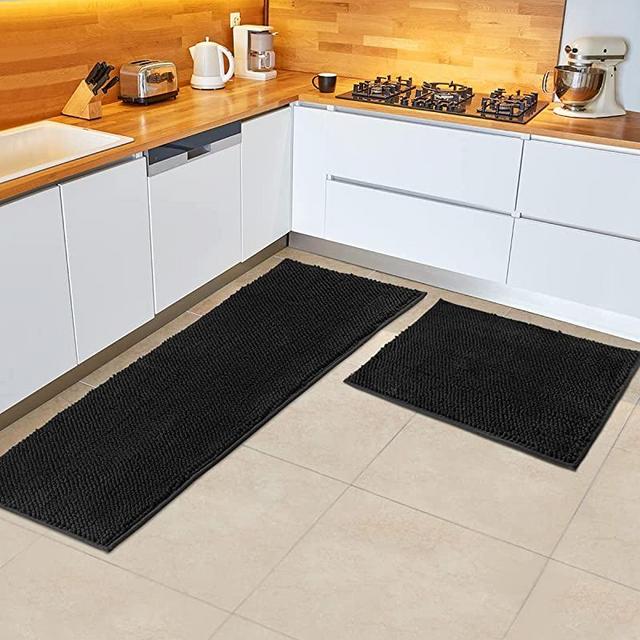 Jersow Kitchen Rug Sets Black Kitchen Rugs Washable, Non-Slip Soft Kitchen Mat Set, Super Absorbent Chenille Microfiber Material 17”×48” + 17”×24”