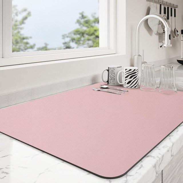 Ecotrim - Dish Drying Mat for Kitchen Counter | Coffee Bar Mat for Countertops | Heat Resistant Drainer Mat with Non-slip Rubber Backed | Hide Stain Kitchen Absorbent Draining Mat | Pink 16"x18"