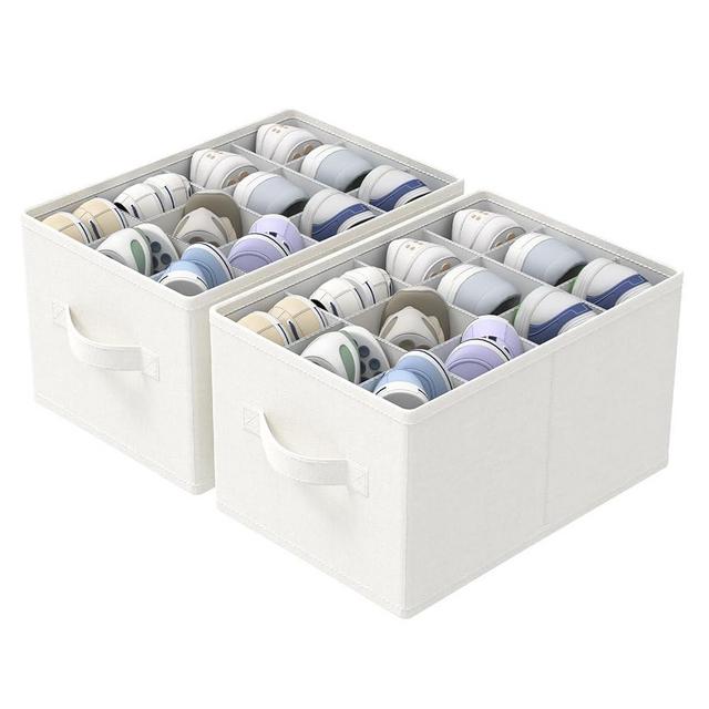 GUOHNHE 2 Pack Shoe Storage Bins, Fits Up to 24 Pairs, Foldable Space-saving Closet Organizers System, Clothes Basket with Reinforced Handles, 16.5 x 12.6 x 10.2 In, White & Ivory, XSNX02W-2