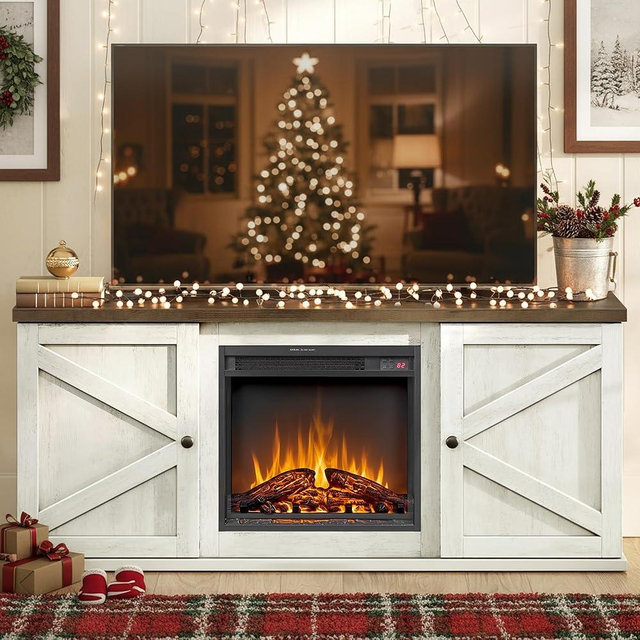 VASAGLE Fireplace TV Stand for TVs up to 65 Inches, 18-Inch ELectric Fireplace with Remote, Farmhouse Entertainment Center, Media Console Table for Living Room, Rustic White and Honey Brown ULTV540W01