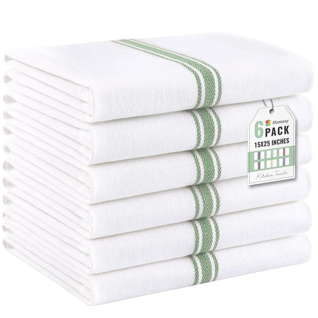 Homaxy Kitchen Towels 6 Pack, 15 x 25 Inch, 100% Ring Spun Cotton Highly Absorbent Dish Towels for Kitchen Drying, Reusable Cleaning Cloths, Soft Tea Towel with Hanging Loop, Grass Green Stripe
