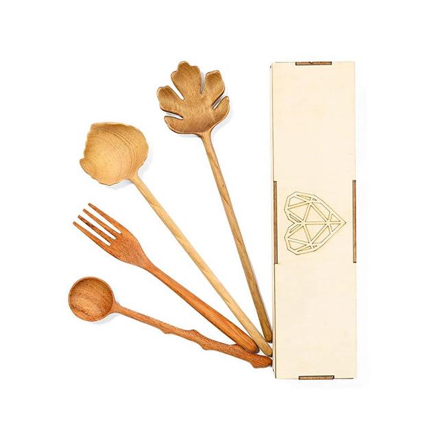 4 Pcs Wooden Serving for Eating with Christmas Spoon Rest Wood Box Set, Serving Spoons, Handmade Gifts for Women, Chef Gifts, Salad Fingers Rusty Spoons, Salad Servers, Best Christmas Gift for Mom