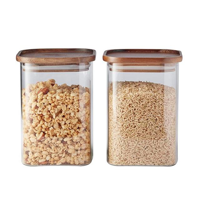 Essos Square Glass Jars with Wood Lids Set of (2) 47 fl oz Airtight and Stackable Storage Containers for Kitchen Pantry or Bathroom BPA Free and Recyclable Canister for Food Cookies Coffee Pasta Sugar