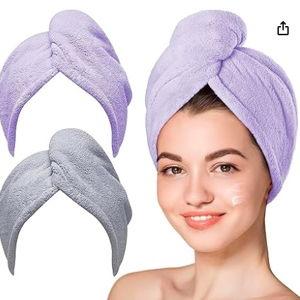 Hicober Microfiber Hair Towel, 2Packs Hair Turbans for Wet Hair, Drying Hair Wrap Towels for Curly Hair Women Anti Frizz (Purple,Grey)