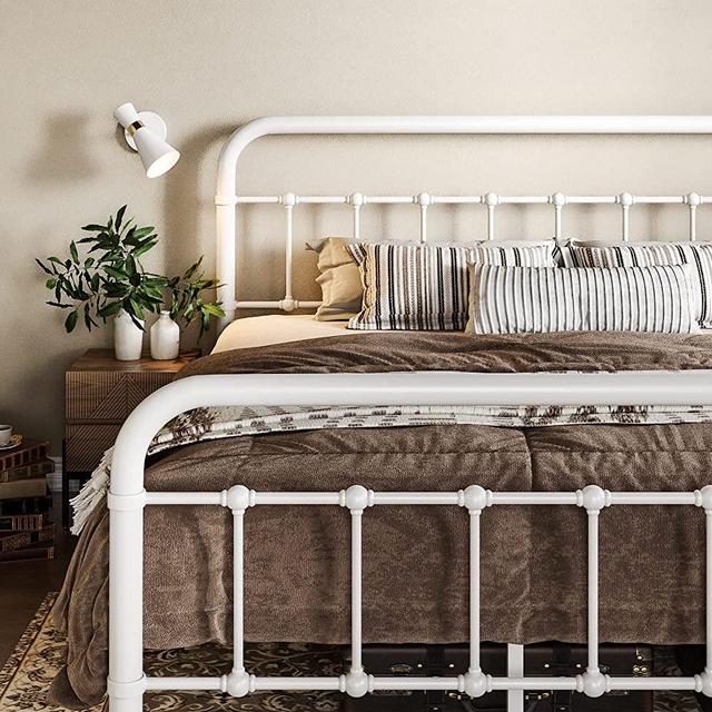 Allewie Queen Size Metal Platform Bed Frame with Victorian Style Wrought Iron-Art Headboard/Footboard, No Box Spring Required，White