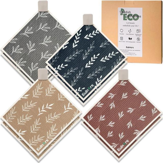 Eulnars 8 Pack Swedish Dishcloths for Kitchen, Reusable Paper Towels with Clips, Quick Drying Dish Towels, Super Absorbent Cellulose Sponge Cloths, Odorless, Biodegradable, Dishwasher Safe