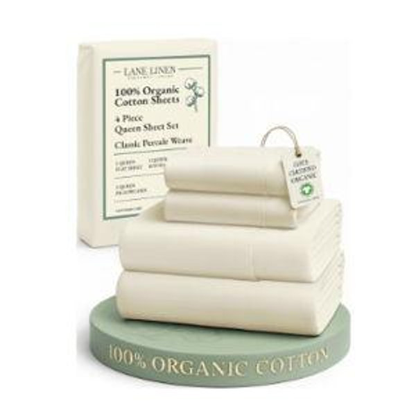 LANE LINEN 100% Organic Cotton Queen Sheets, 4Pc Cotton Sheets Set, Classic Percale Weave Bedsheets Queen Size Bed, Soft Breathable Sheet & Pillowcase Sets, Deep Pocket 15" - Natural