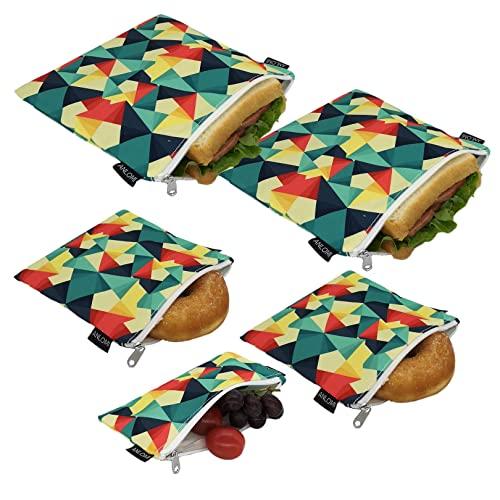 Reusable Sandwich Bags Snack Bags - Set of 5 Pack, Dishwasher Safe Lunch Bags with Zipper, Eco Friendly Food Wraps, BPA-Free. (Colour)