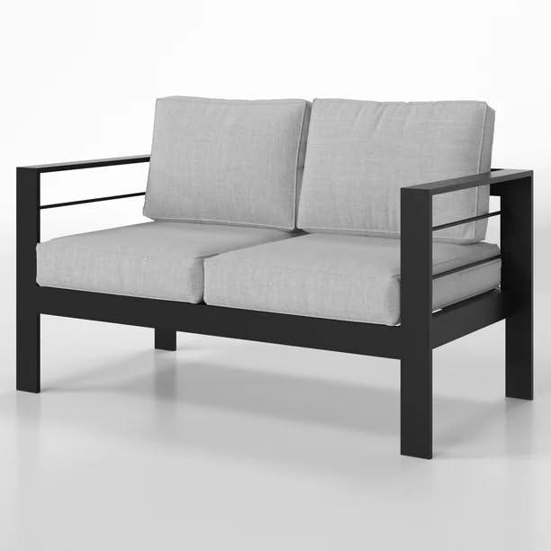 Kiss the Water Patio Furniture Aluminum Loveseat All-Weather Outdoor 2 Seats Sofa Couch Black Metal Chair with Light Gray Cushions